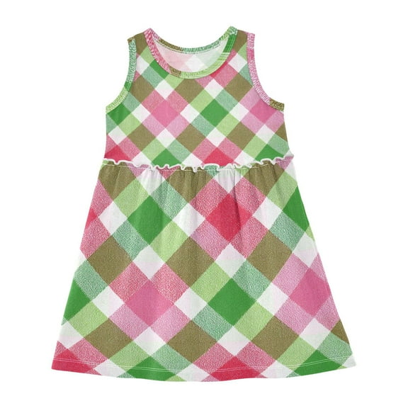 Girls Dress Playful Plaid Sleeveless Dress for Girls Hem A-Line Casual Sundress