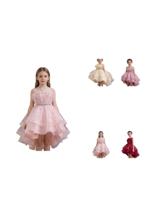 Girls Dress Puffy Gown Sleeveless Off-the-Shoulder Patchwork Tulle Sparkly Train Dress for Pageant Recital Party, 3-14 Years
