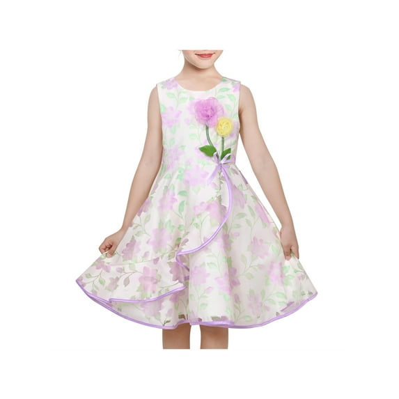 Girls Dress Purple Floral Big Swing Round Neck Party Classic Sleeveless 10 Years