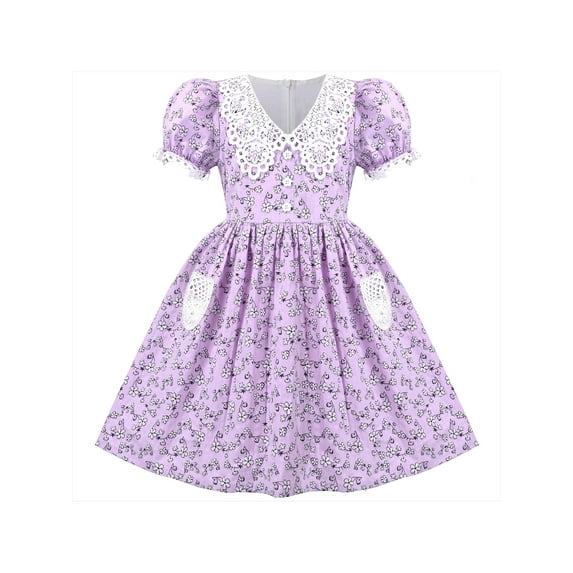 Girls Dress Purple Floral Lace Pocket Vintage Puff Sleeve Classic Retro 10 Years