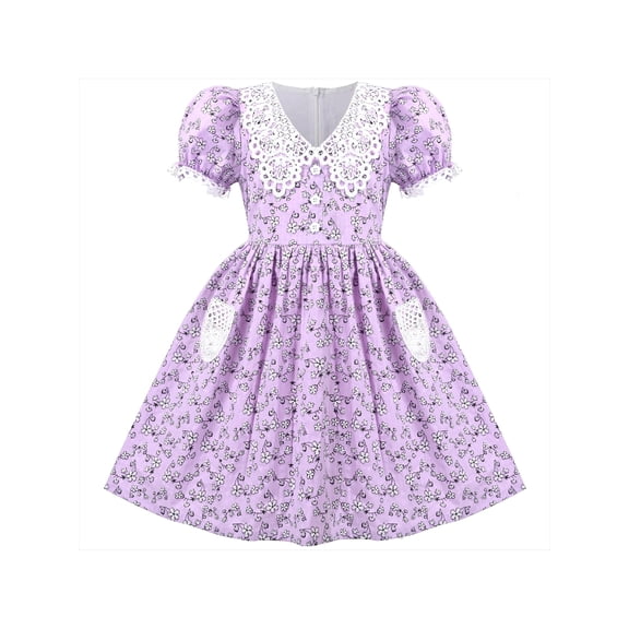 Girls Dress Purple Floral Lace Pocket Vintage Puff Sleeve Classic Retro 7 Years