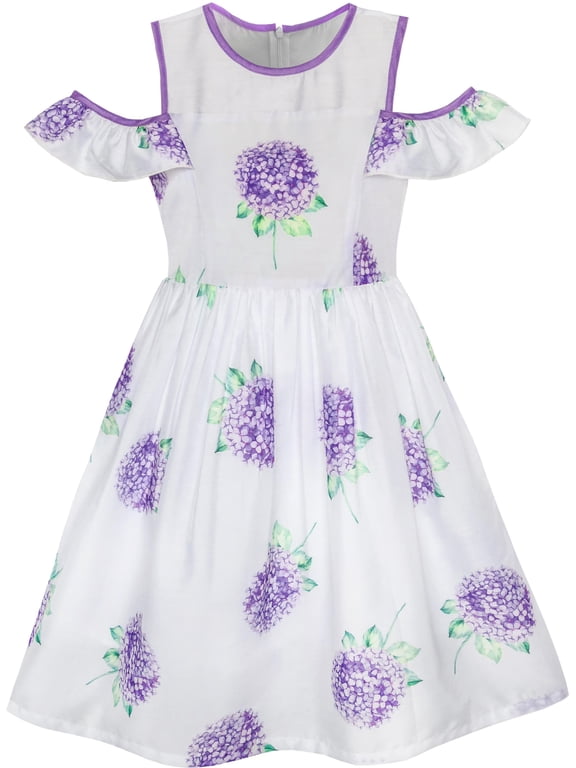 Girls Dress Purple Hydrangea Flower Cold Shoulder Party Princess 7