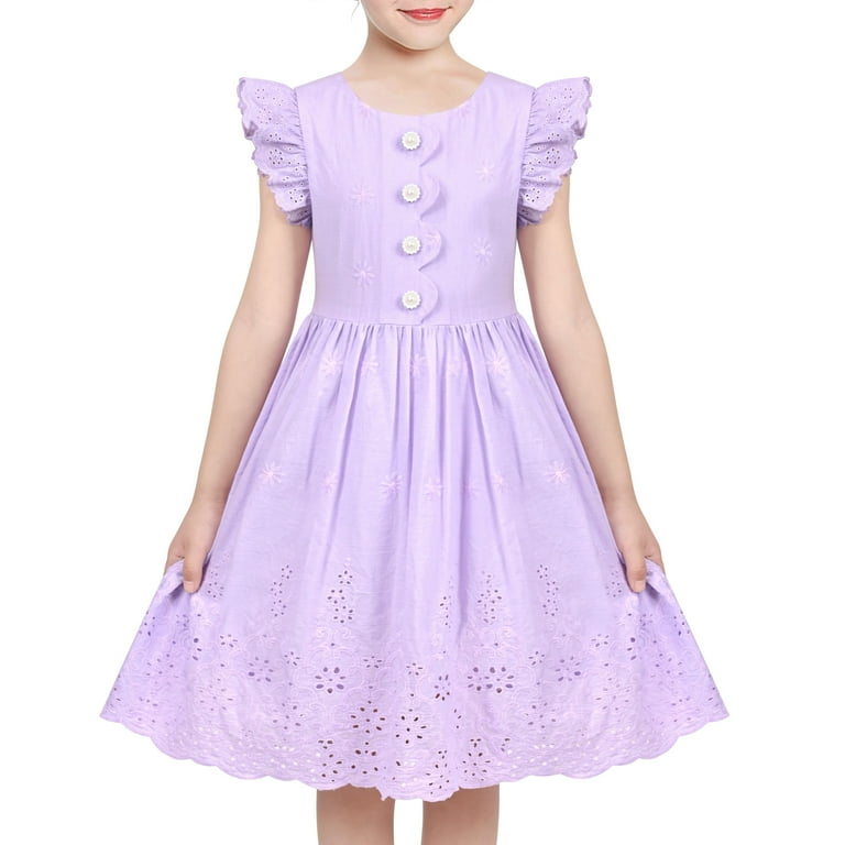 Girls Dress Purple Lace Floral Embroidery Button Ruffle Eyelet