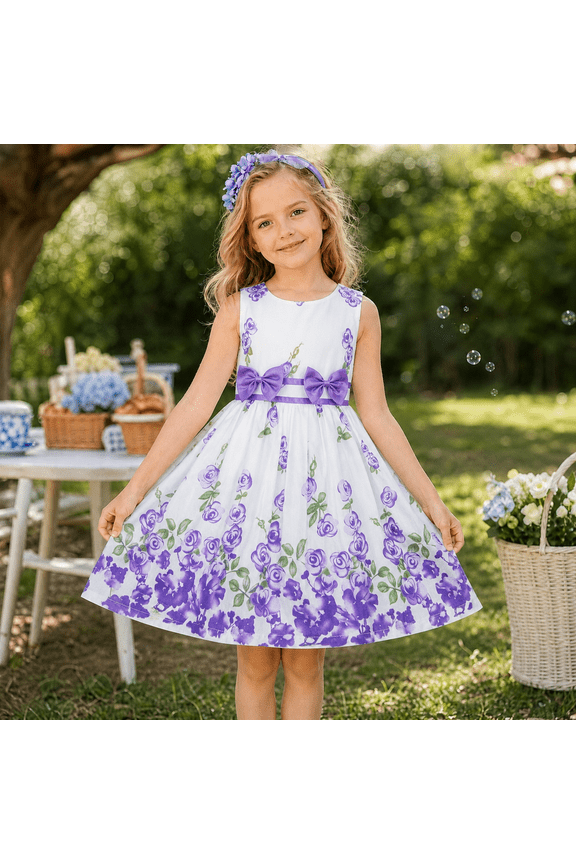 Girls Dress Purple Rose Flower Double Bow Tie Party Kids Sundress 6