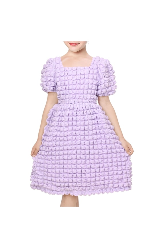 Girls Dress Purple Ruffle Square Neck Hollow Back Puff Sleeve Princess 8 Years