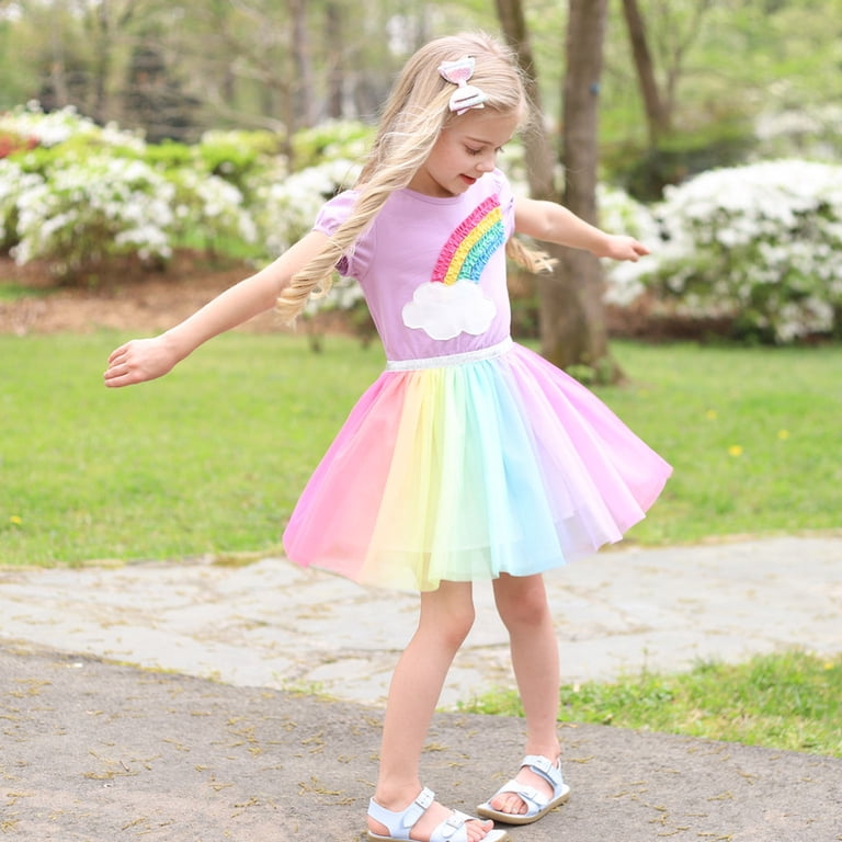 Sunny Fashion Girls Dress Purple Short Sleeve Rainbow Tulle Skirt Birthday Party 4 Years Sunny Fashion Girls Dress Purple Short Sleeve Rainbow Tulle Skirt Birthday Party 4 Years
