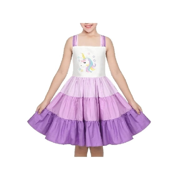Girls Dress Purple Unicorn Rainbow Strip Suspender Sleeveless Summer 7 Years