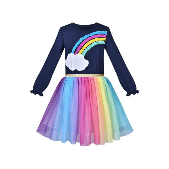 Girls Dress Rainbow Colorful Tulle Skirt Long Sleeve Holiday Party 6 Years