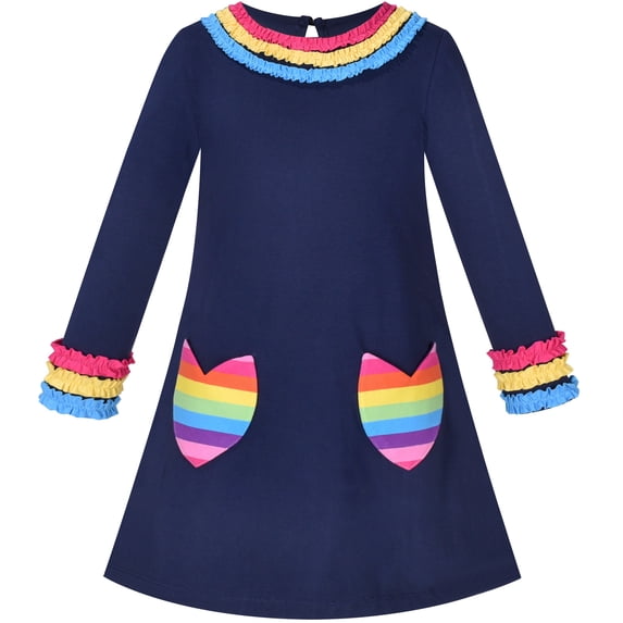 Sunny Fashion Girls Dress Rainbow Flower Pocket Long Sleeve Cotton Casual 5 Years