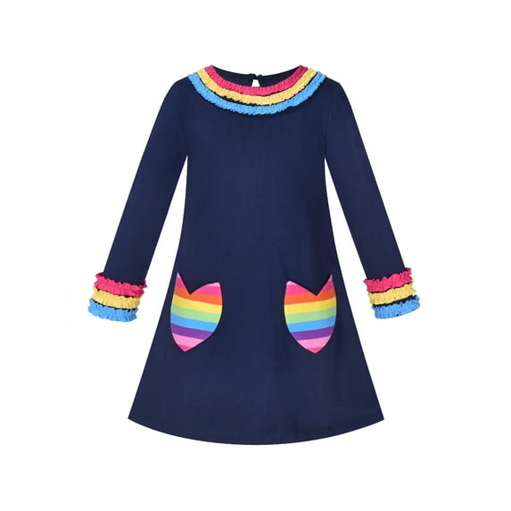 Girls Dress Rainbow Flower Pocket Long Sleeve Cotton Casual 5 Years