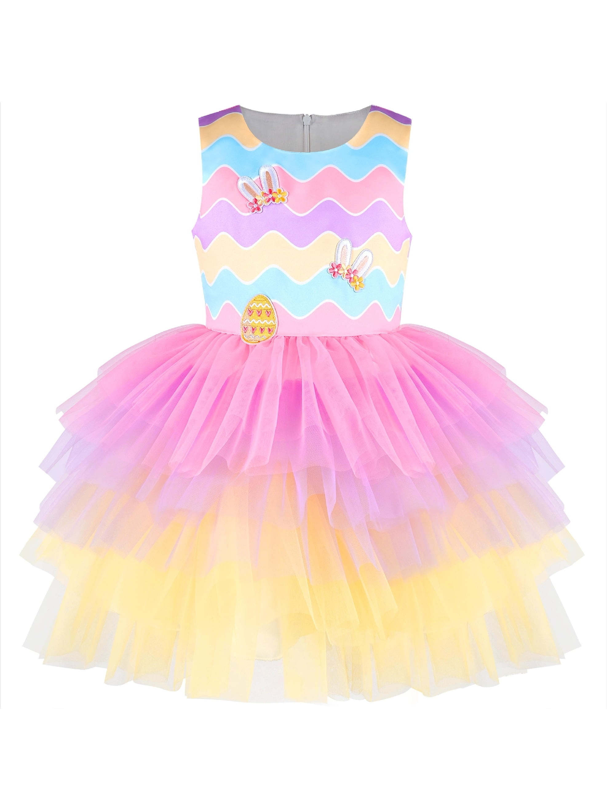 Sunny Fashion Girls Dress Rainbow Layered Tier Tulle Easter Egg Hunting Bunny Party 6 Years, Girl's