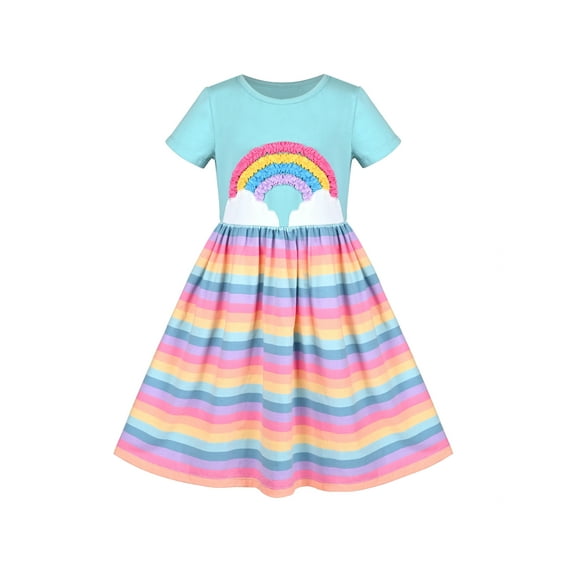 Girls Dress Rainbow Ruffle Striped Short Sleeve Cotton Casual Party 6 Years