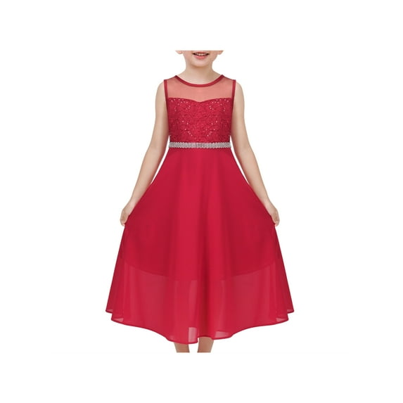 Girls Dress Red Chiffon Wedding Bridesmaid Dance Maxi Gown Pageant Party 8 Years