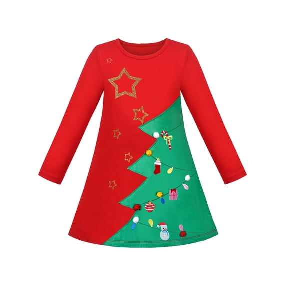 Girls Dress Red Green Tree Christmas Golden Star Snowman Gift Long Sleeve 4 Years