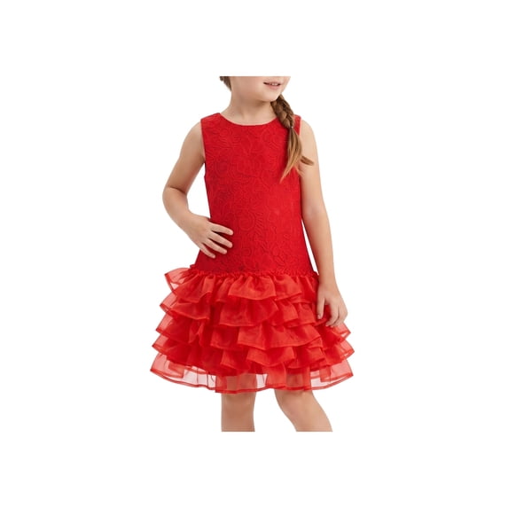 Sunny Fashion Girls' Sleeveless Floral Lace Tiered Tulle Ruffle Holiday Red Dress