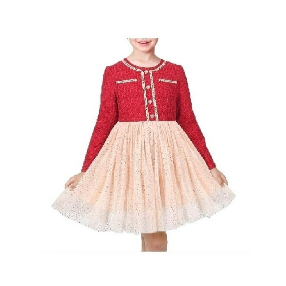 Girls Dress Red Pearl Pocket Sequin Vintage Classic Christmas Long Sleeve 7 Years