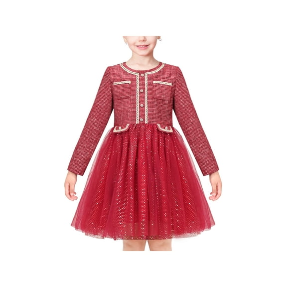 Girls Dress Red Pearl Pocket Vintage Elegant Xmas Long Sleeve 8 Years