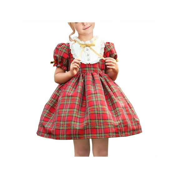 Girls Dress Red Plaid Check White Vintage Pearl Button Christmas 4 Years