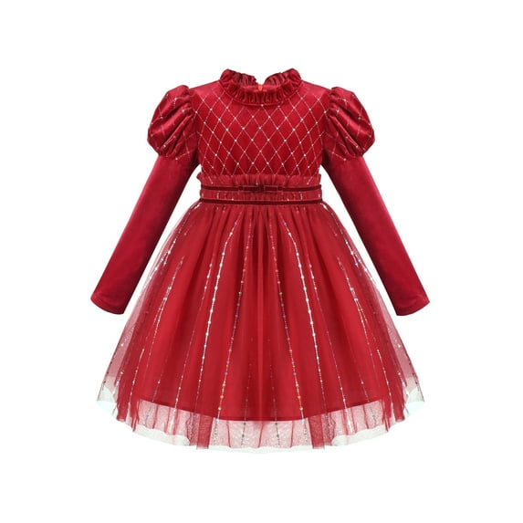 Girls Dress Red Rhinestone Ruffle Mock Collar Puff Sleeve Christmas Party 4 Years