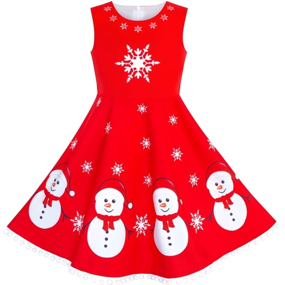 Sunny Fashion Girls Dress Red Snowman Snowflake Christmas Party New Year Sleeveless 7 Years