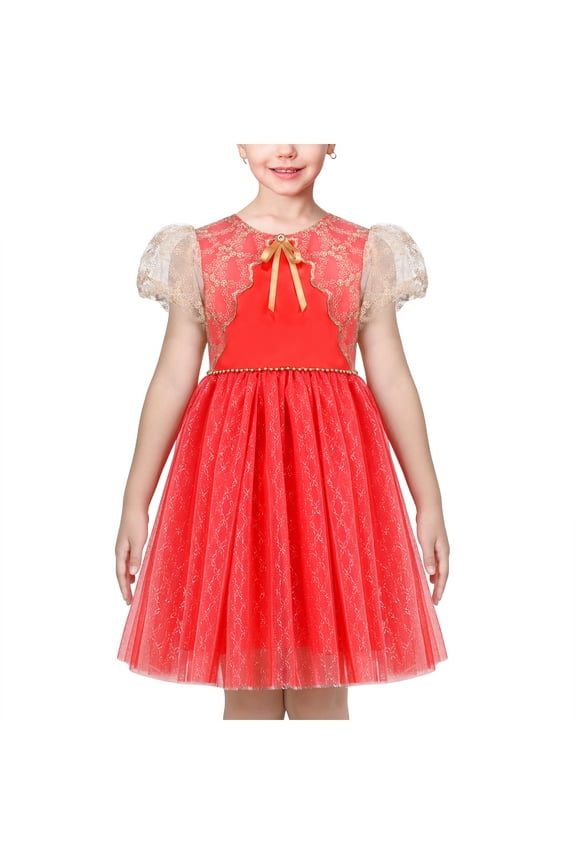 Girls Dress Red Sparkle Mesh Puff Wedding Princess Christmas Party 6 Years