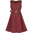 thumbnail image 1 of Girls Dress Red Tartan Button Back School Pleated Hem 10 Years, 1 of 8