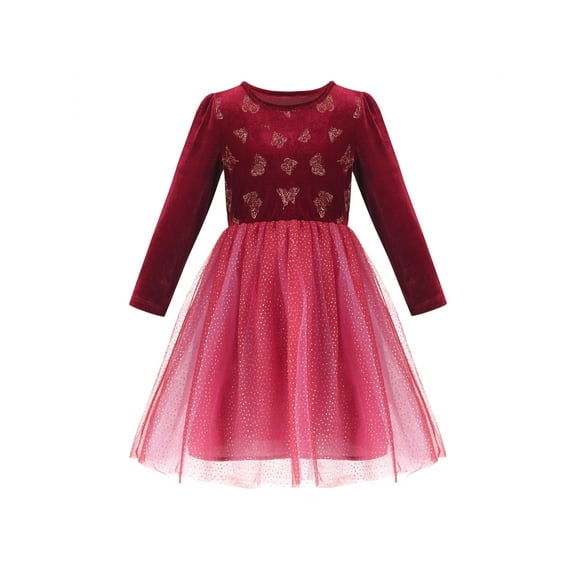 Girls Dress Red Velvet Butterfly Rhinestone Tulle Holiday Party Pageant 7 Years
