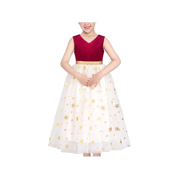 Girls Dress Red Vintage V-neck Hollow Back Gold Star Bow Tie Tulle 6 Years