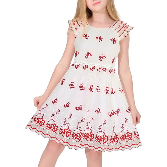Girls Dress Red White Butterfly Embroidered Ruffle Scalloped Hem Party Vacation Bridesmaid 6 Years
