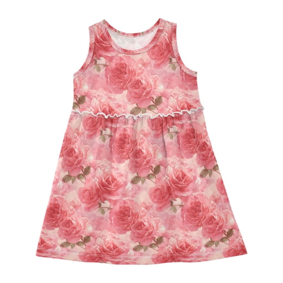 Girls Dress Retro Romantic Roses Sleeveless Dress for Girls Hem A-Line Casual Sundress