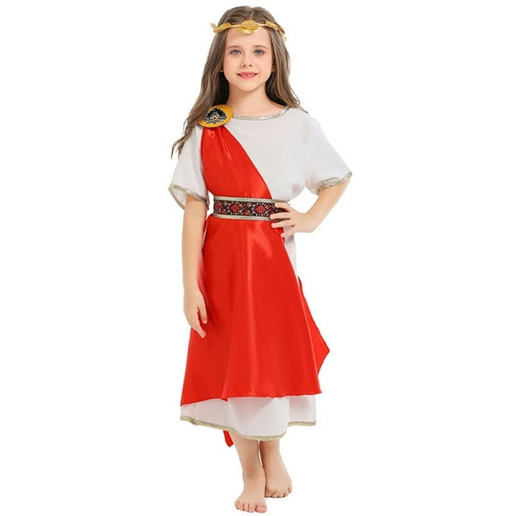Girls Dress Roman Greek Costume With Headband Toddler Kids Boys Halloween Dress Toga God Outfi Birthday Party Wedding Dresses,Size 9-10 Years