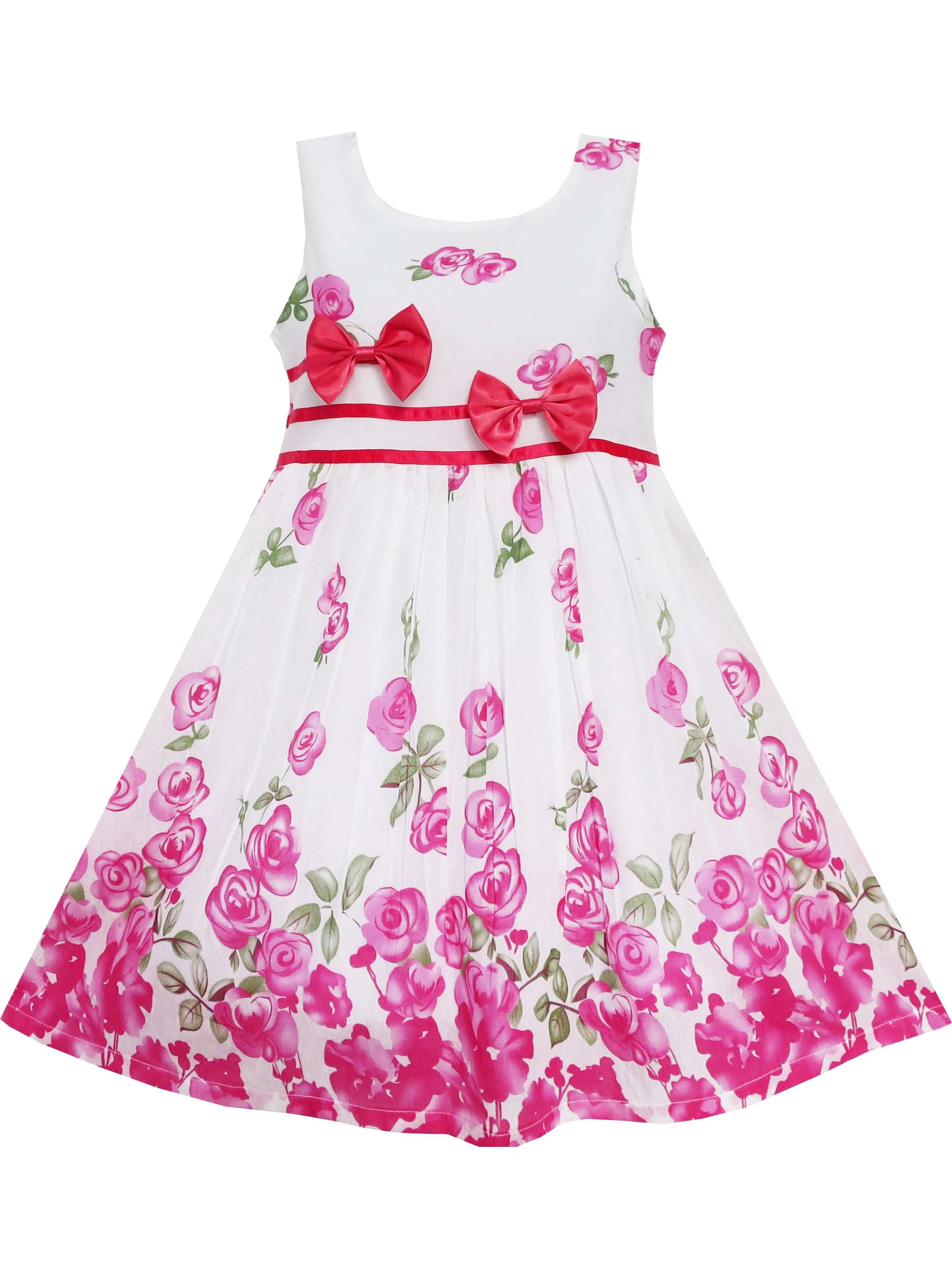 Girls Dress Rose Flower Double Bow Tie Party Birthday Summer Camp