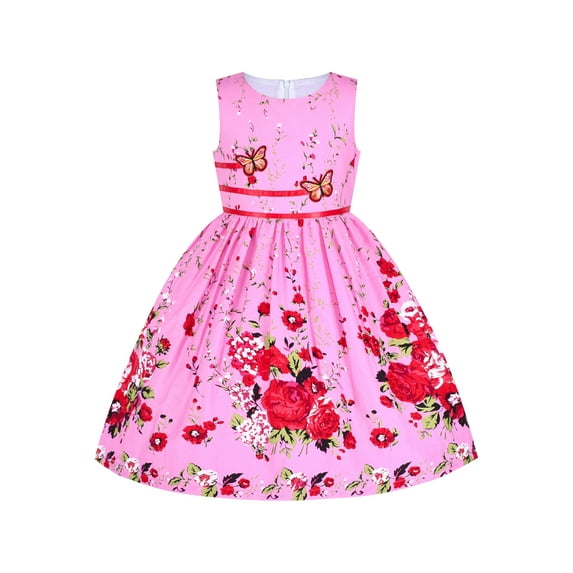 Girls Dress Rose Flower Double Bow Tie Party Sundress Casual 7-8 Years
