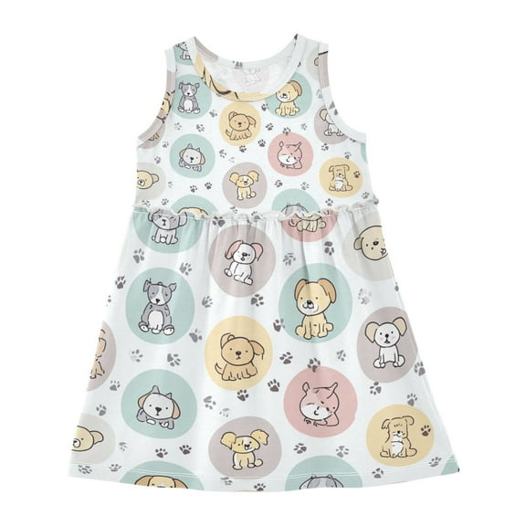 Girls Dress Round Cute Puppy Sleeveless Dress for Girls Hem A-Line Casual Sundress