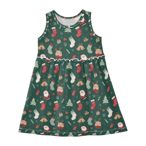 Girls Dress Santa Claus and Elk Sleeveless Dress for Girls Hem A-Line Casual Sundress