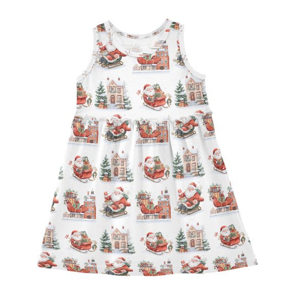 Girls Dress Santa Claus and Sleigh Sleeveless Dress for Girls Hem A-Line Casual Sundress