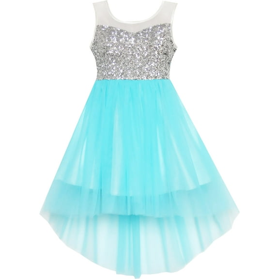 Girls Dress Sequin Mesh Party Wedding Princess Tulle Blue 7 Years