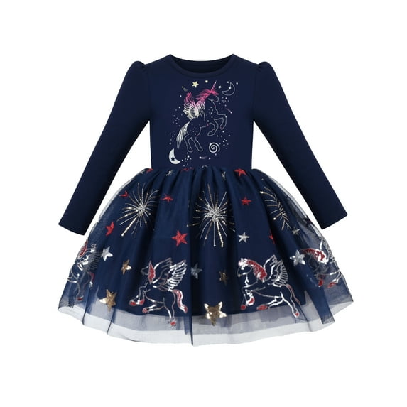 Girls Dress Sequin Unicorn Constellation Embroidery Star Moon Sky Long Sleeve 7 Years