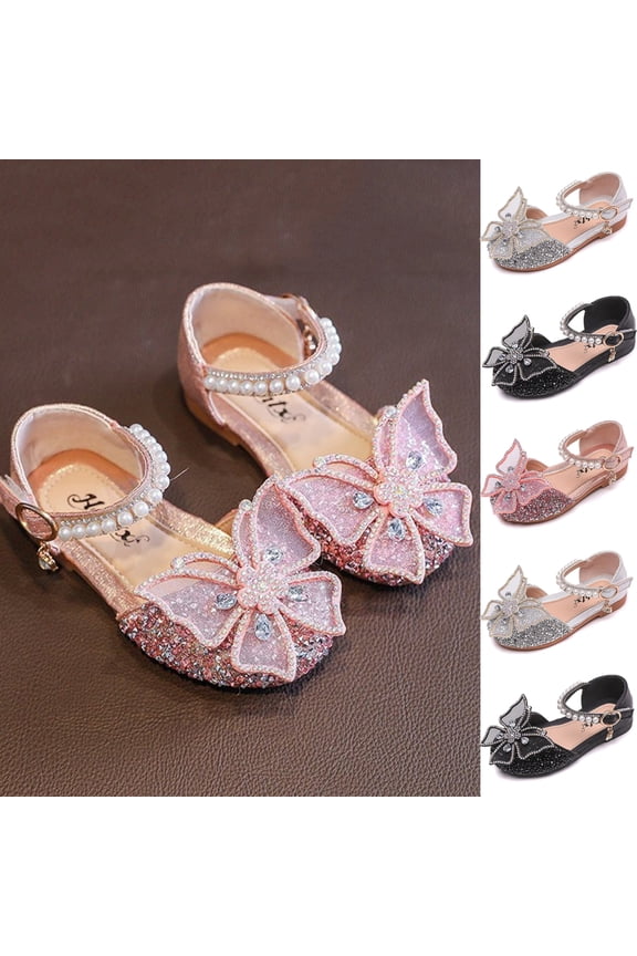 Girls Dress Shoes Big Bow Mary Jane Wedding Flower Bridesmaids Low Heels Glitter Sequins Princess Ballet Flats Shoes Pink for Kids (US 1.5 Big Kid)