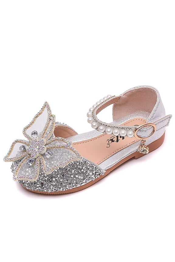 Girls Dress Shoes Big Bow Mary Jane Wedding Flower Bridesmaids Low Heels Glitter Sequins Princess Ballet Flats Shoes Silver for Kids (US 10 Toddler)