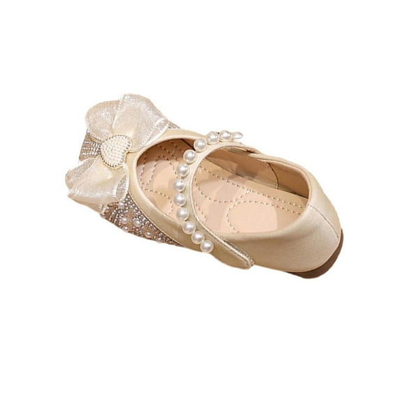 Girls Dress Shoes Flats Sparkly Rhinestones Bow, Flower Girl Party Shoes for Kids to Big Kids, Soft Mary Janes in Beige,Size 35