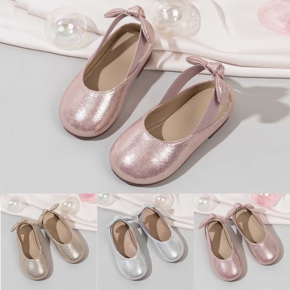 Girls Dress Shoes Mary Jane Flats | Decorative Bow, Princess Shoes, Cushioned Comfort, Non-Slip Sole, Toddler and Little Girls, Daily Wear Silver 30