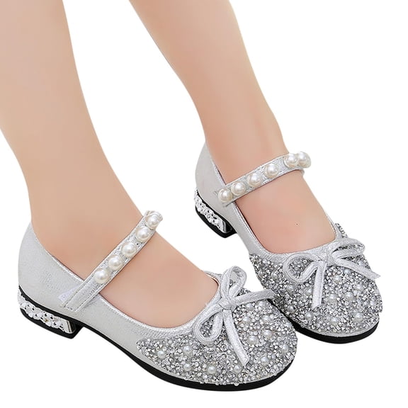 Girls Dress Shoes Mary Jane Princess Shoes Girls' Flats Glitter Low Heels Flower Wedding Party Footwear for Toddler Little/Big Kid (27,Silver)