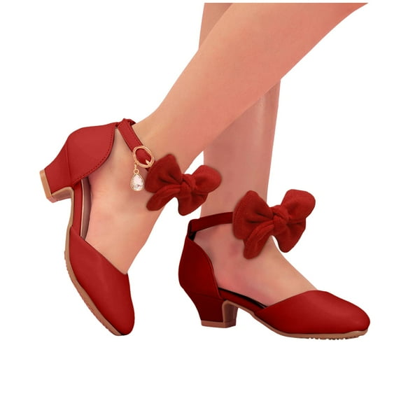 Girls Dress Shoes for Little Big Kids Crystal Bow Bling Pointy Toe Low Heels Stage Performance Princess Shoes