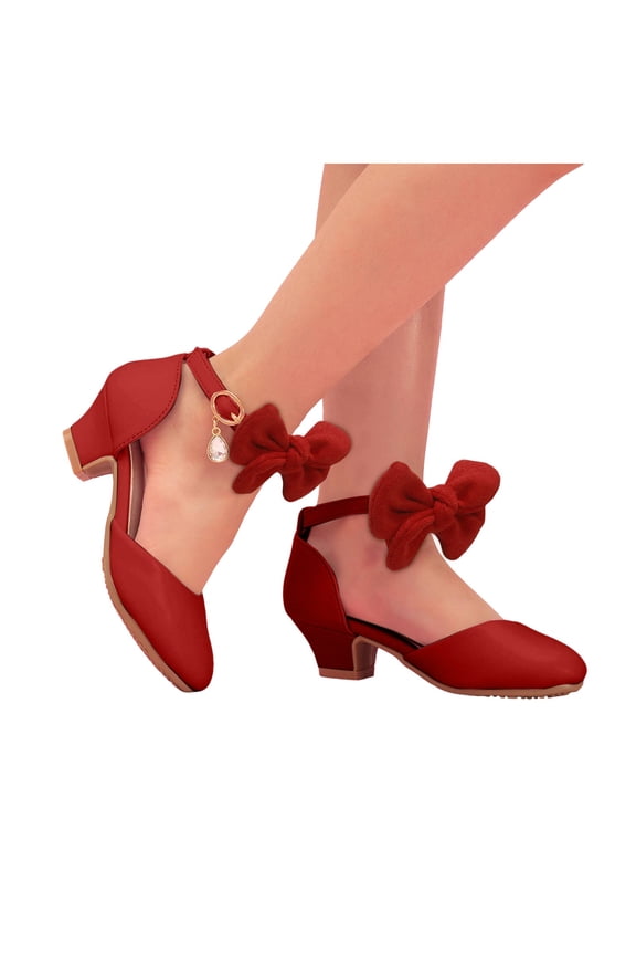 Girls Dress Shoes for Little Big Kids Crystal Bow Bling Pointy Toe Low Heels Stage Performance Princess Shoes