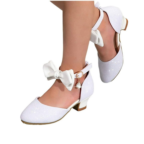 Girls Dress Shoes for Little Big Kids Crystal Bow Bling Pointy Toe Low Heels Stage Performance Princess Shoes