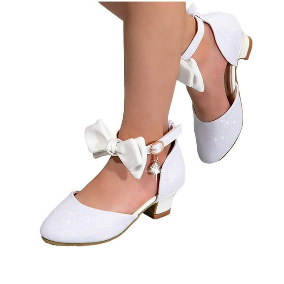 Girls Dress Shoes for Little Big Kids Crystal Bow Bling Pointy Toe Low Heels Stage Performance Princess Shoes