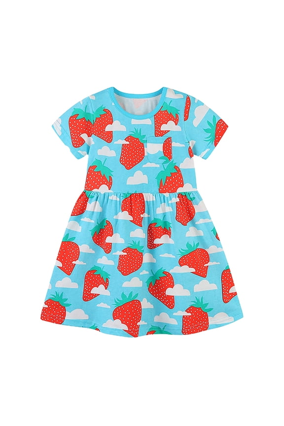 Girls Dress Short Sleeve Cute Prints Dance Party Dresses Baby Girl Dress Sky Blue 4 Years-5 Years