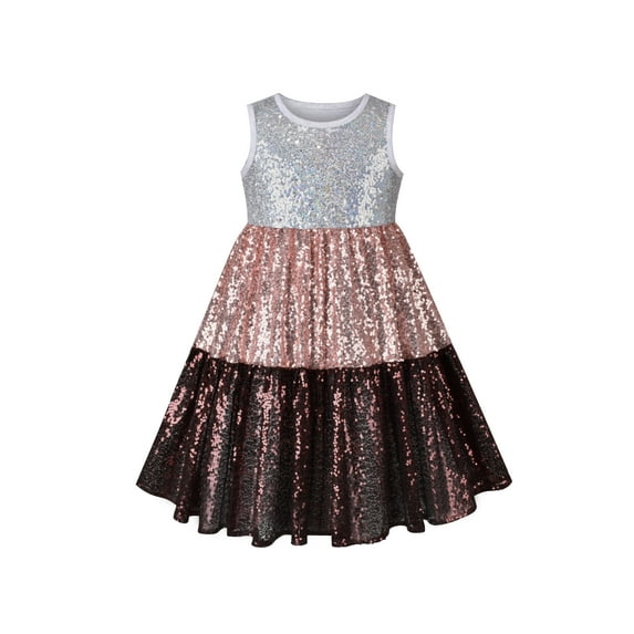 Girls Dress Silver Brown Shiny Glitter Sequin Color Block Sleeveless 5 Years