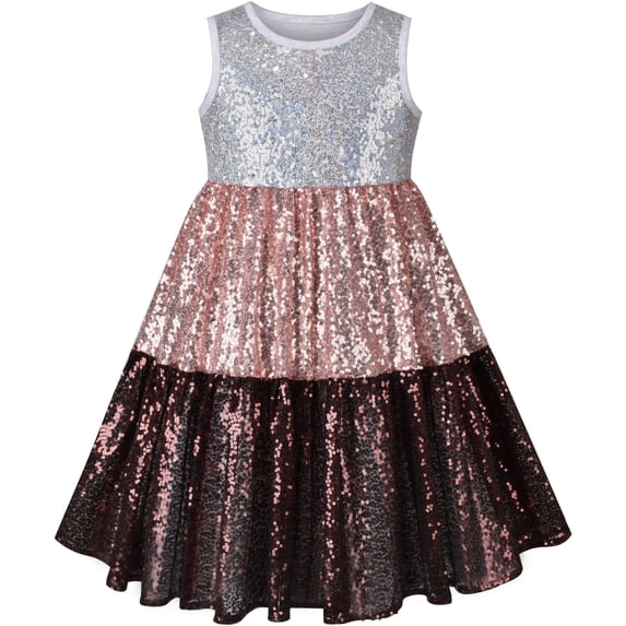Sunny Fashion Girls Dress Silver Brown Shiny Glitter Sequin Color Block Sleeveless 5 Years